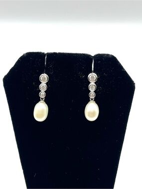 FD Felicia Design 925  Sterling Silver Earrings Faux Pearl  CZ Dangle Post